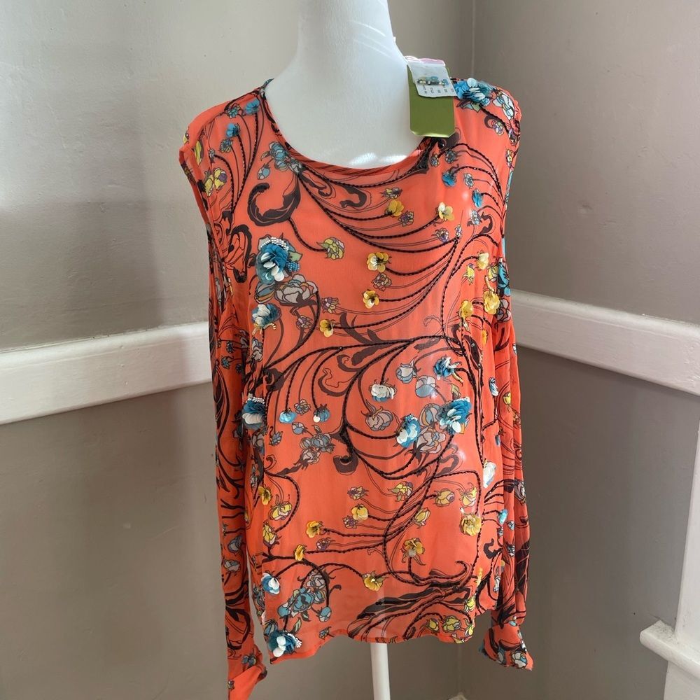 Artelier Nicole Miller Embellished Floral Cold Shoulder Top Large NWT & beads